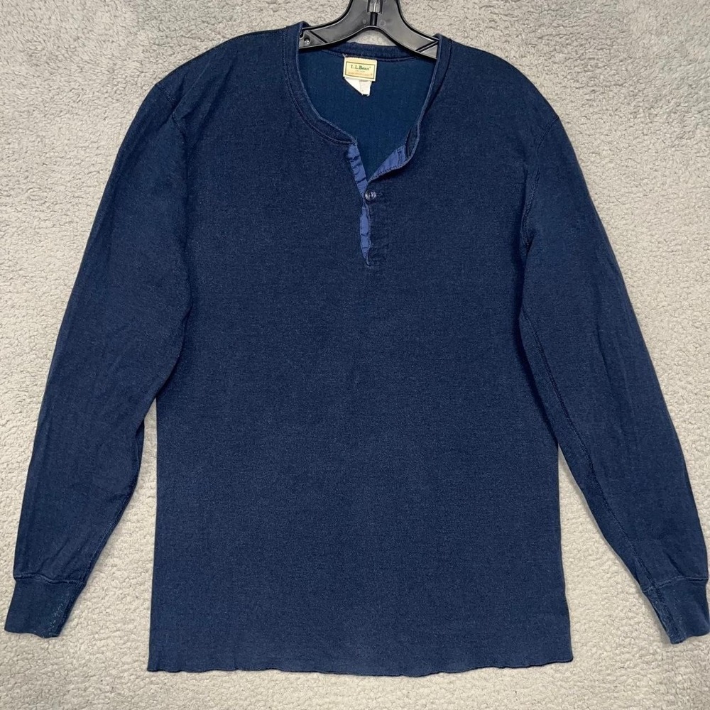 VTG LL Bean Two Layer River Drivers Shirt Men's Sz L Blue Henley Wool Blend USA
